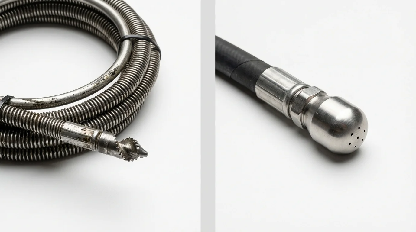 Drain snake cable and hydro jetting nozzle used for drain cleaning in Auberry, CA