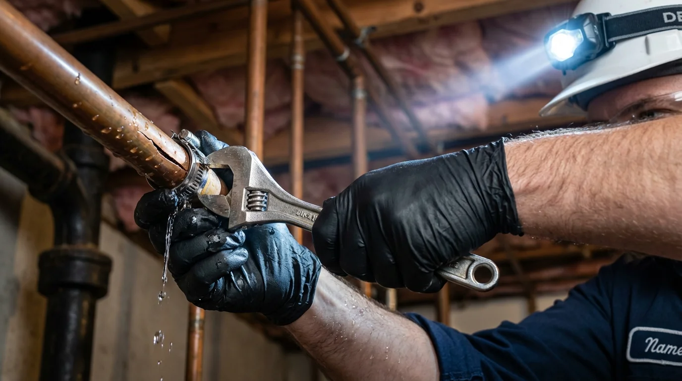 Emergency pipe clamp repair being performed by a Johns Plumbing LLC plumber in Auberry