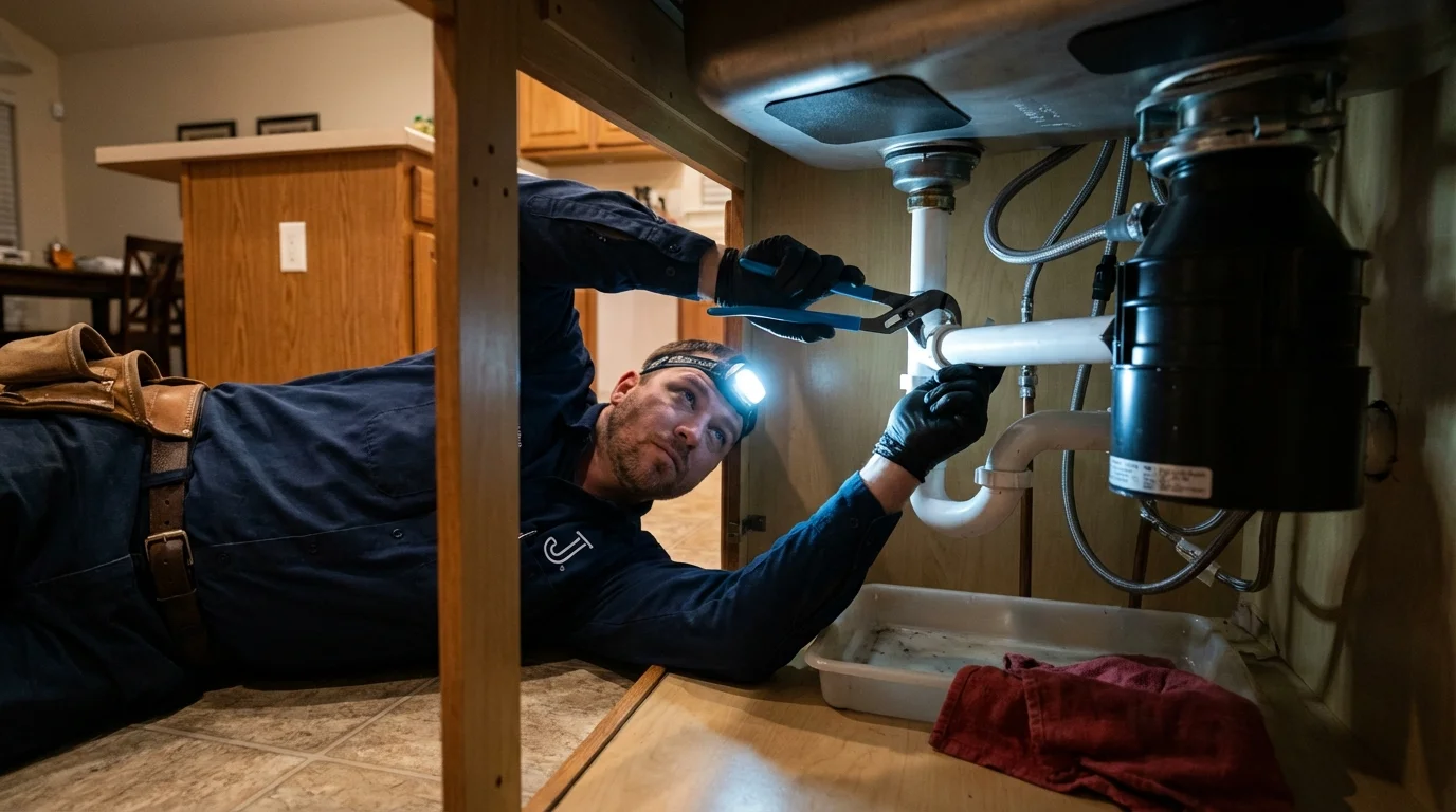 P-trap and supply line connections under a kitchen sink showing a common leak point in Auberry, CA